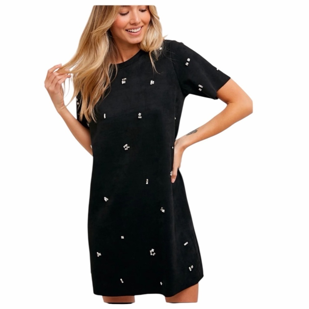 NWOT CITY TRIANGLE Rhinestone Faux Suede Shift Dress Black Size Large